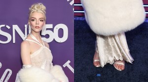 Anya Taylor-Joy, sandals, Jimmy Choo, satin, white, fur, lace, SNL, New York, Radio City