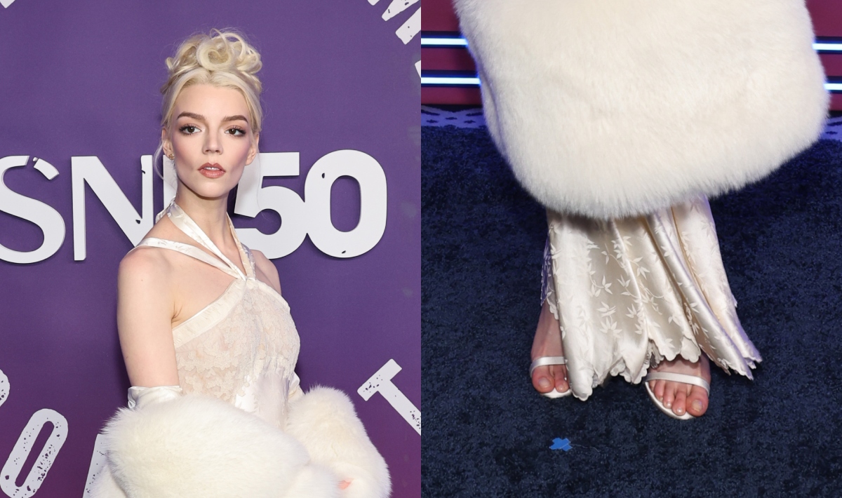 Anya Taylor-Joy, sandals, Jimmy Choo, satin, white, fur, lace, SNL, New York, Radio City