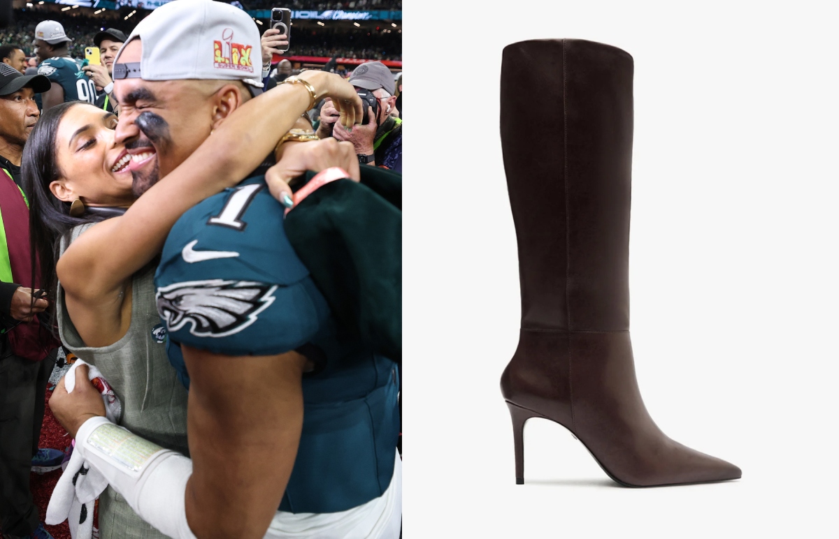 Jalen Hurts #1 of the Philadelphia Eagles and fiancee, Bry Burrows, embrace after defeating the Kansas City Chiefs 40-22 to win Super Bowl LIX at Caesars Superdome on February 09, 2025 in New Orleans, Louisiana.