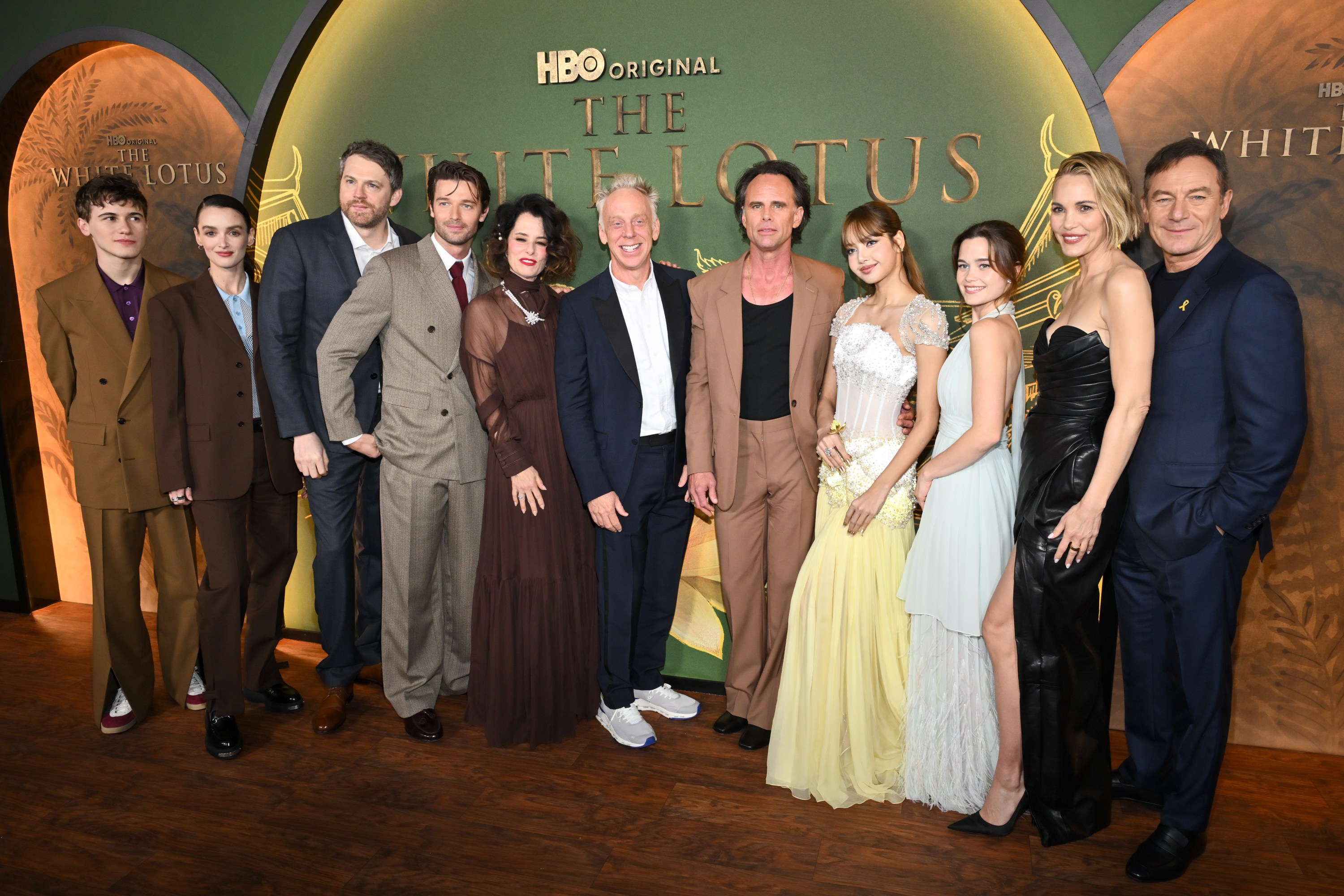 Sam Nivola, Charlotte Le Bon, David Bernad, Patrick Schwarzenegger, Parker Posey, Mike White, Walton Goggins, Lisa, Sarah Catherine Hook, Leslie Bibb, Jason Isaacs at "The White Lotus" Season 3 Los Angeles Premiere held at Paramount Studios on February 10, 2025 in Los Angeles, California.