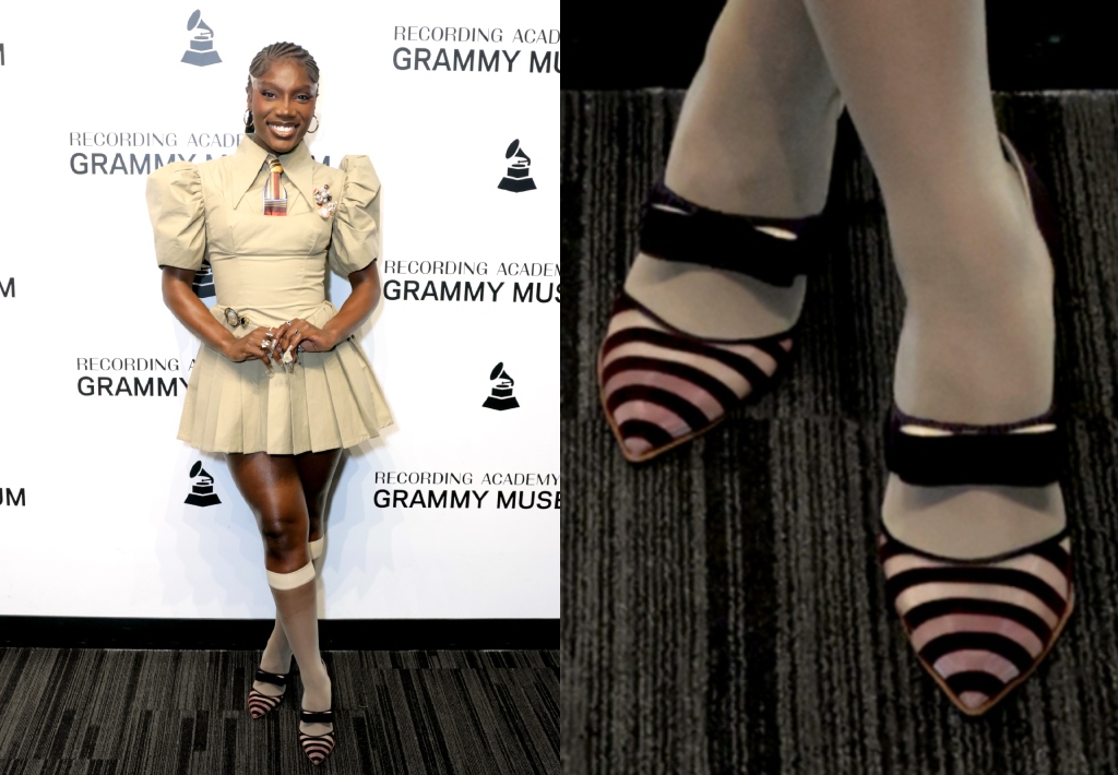 Doechii, Chloe Gosselin lily pumps, Chloe Gosselin pumps, pointed toe striped bow pumps, bow pumps, striped pumps, Tolu Coker fall 2024 dress, Tolu Coker Layered pleated cotton-poplin mini shirt dress, Spotlight: Doechii at Grammy Museum L.A. Live