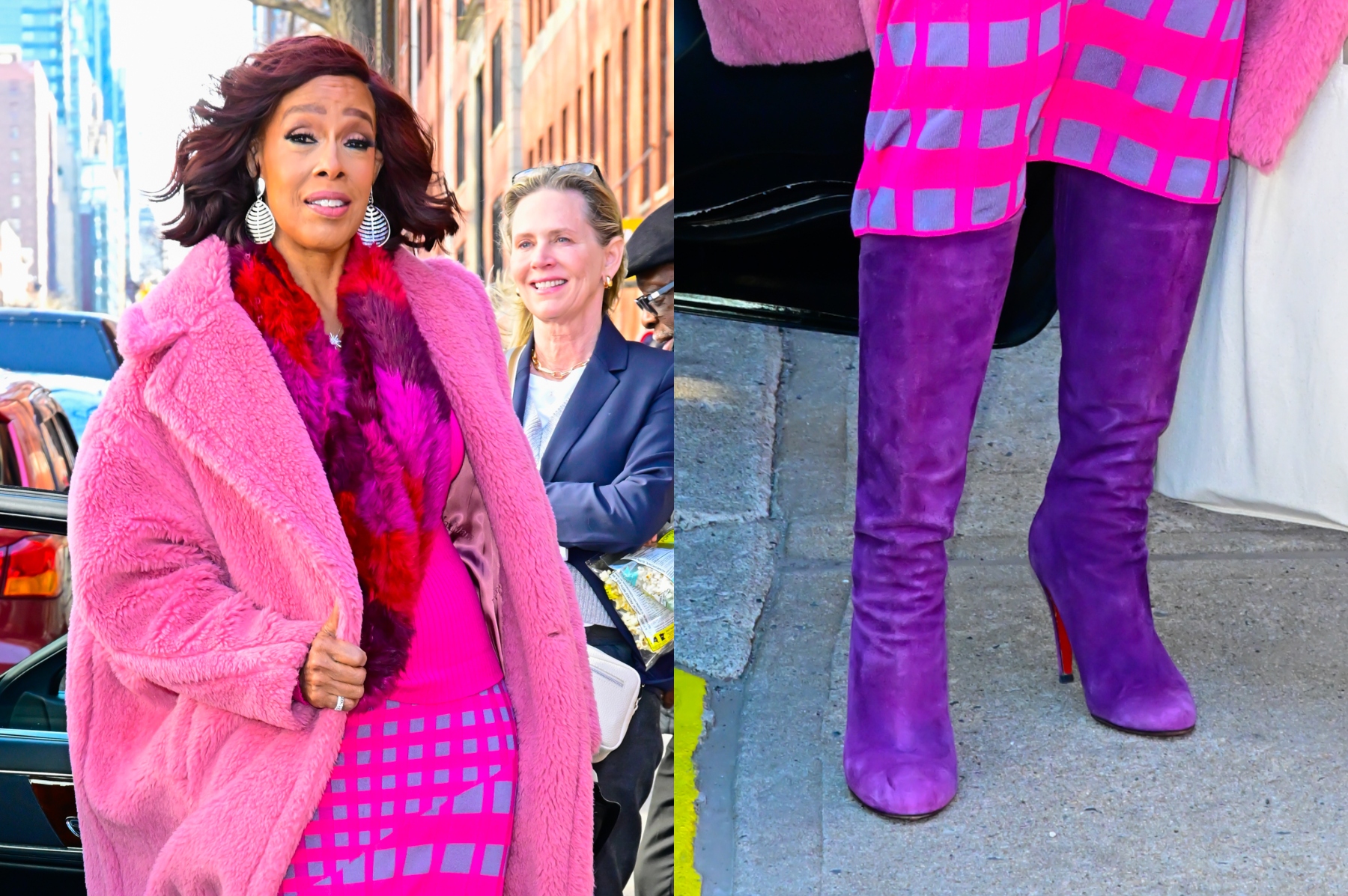 Gayle King wearing purple Christian Louboutin boots in New York City on Feb. 18, 2025.