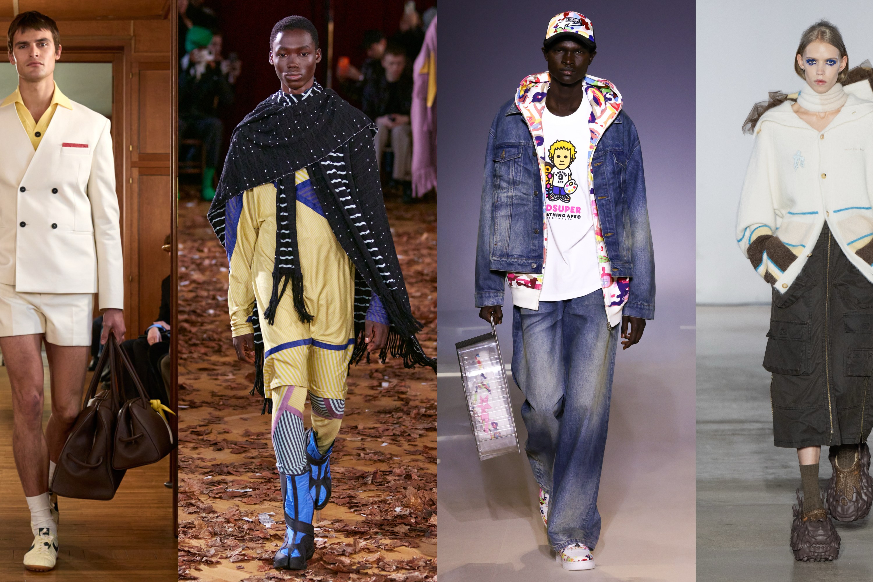 Looks from Jacquemus, Kiko Kostadinov, KidSuper, and Feng Chen Wang fall 2025 collections
