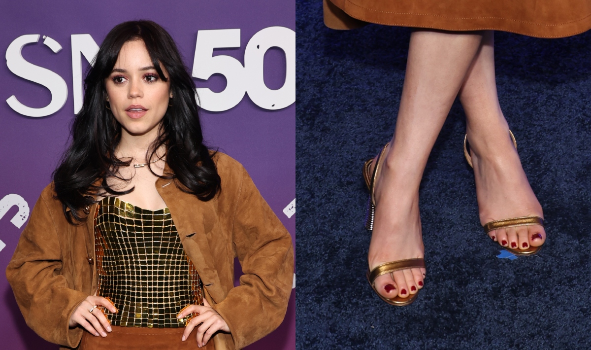 Jenna Ortega, gold sandals, red carpet, SNL, Versace, suede, corset top, Radio City, New York