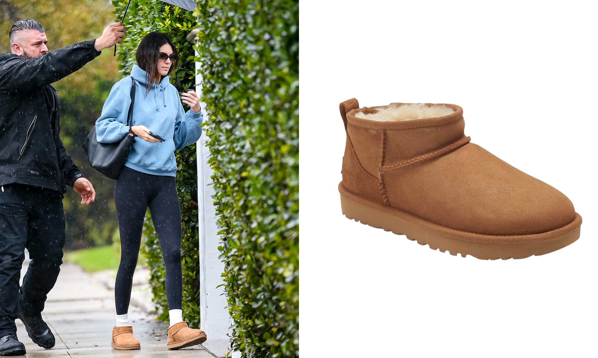 kendall jenner walking in uggs and a blue hoodie while a guard holds an umbrella for her; the aforementioned uggs in a light brown hue