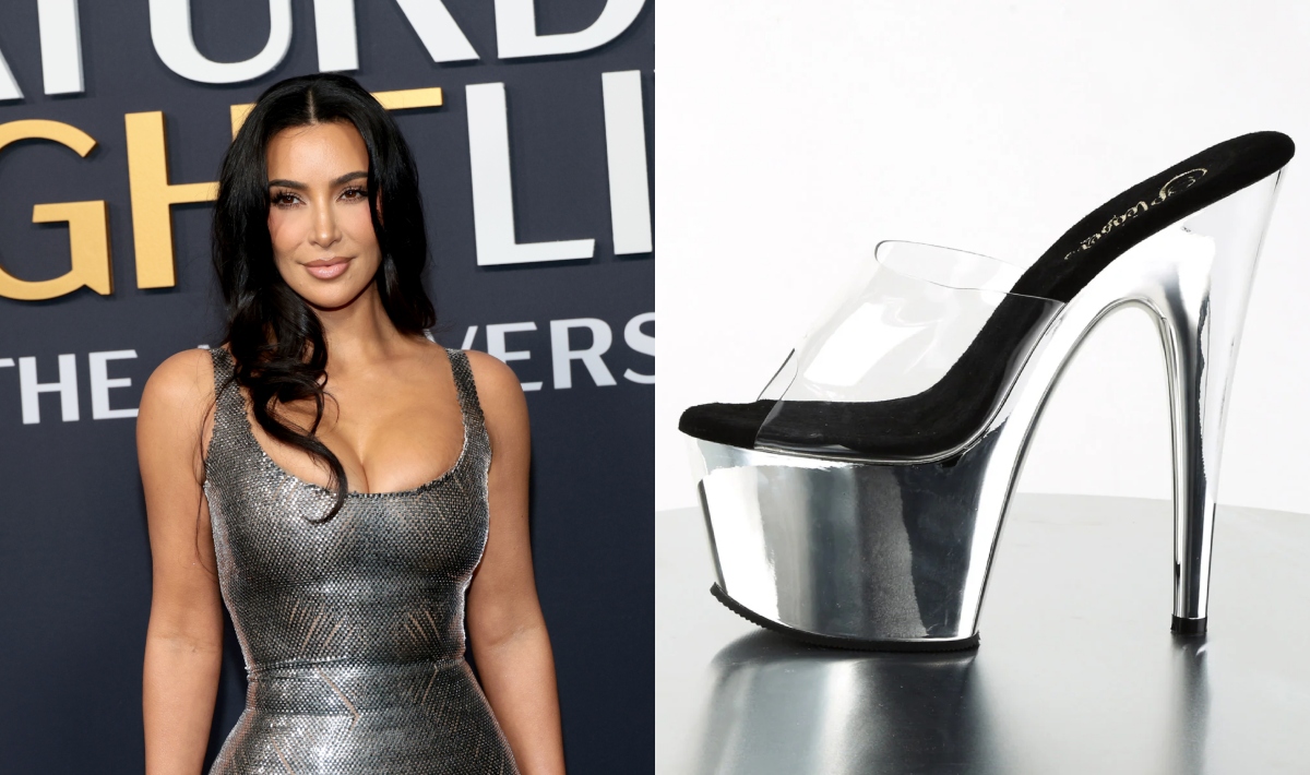 Kim Kardashian, Pleaser, mules, platform heels, chrome, silver, vinyl, SNL, New York