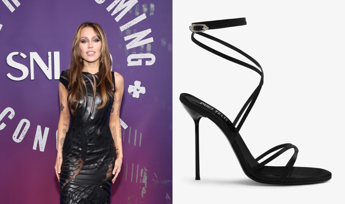Miley Cyrus, Paris Texas, sandals, gladiator, satin, Roberto Cavalli, SNL, red carpet, Radio City Music Hall, leather