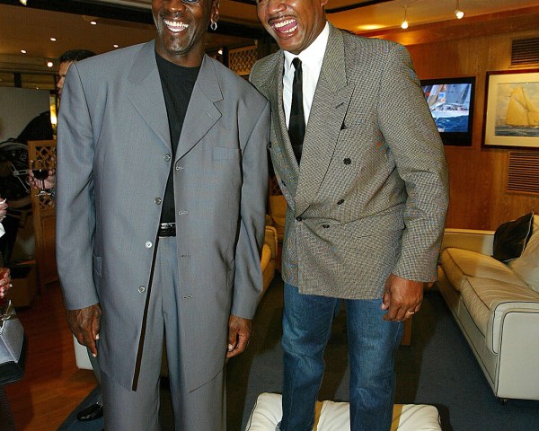 405305 17: Michael Jordan and Marvin Hagler arrive at a cocktail reception May 13, 2002 at the Yacht Club of Monaco in Monte Carlo. Established by founding patrons, DaimlerChrysler and Richemont, the 3rd annual Laureus World Sports Awards will be held on May 14th. The awards will honor the achievements of the world's greatest sportsmen and women. (Photo by Pascal Le Segretain/Laureus/Getty Images)