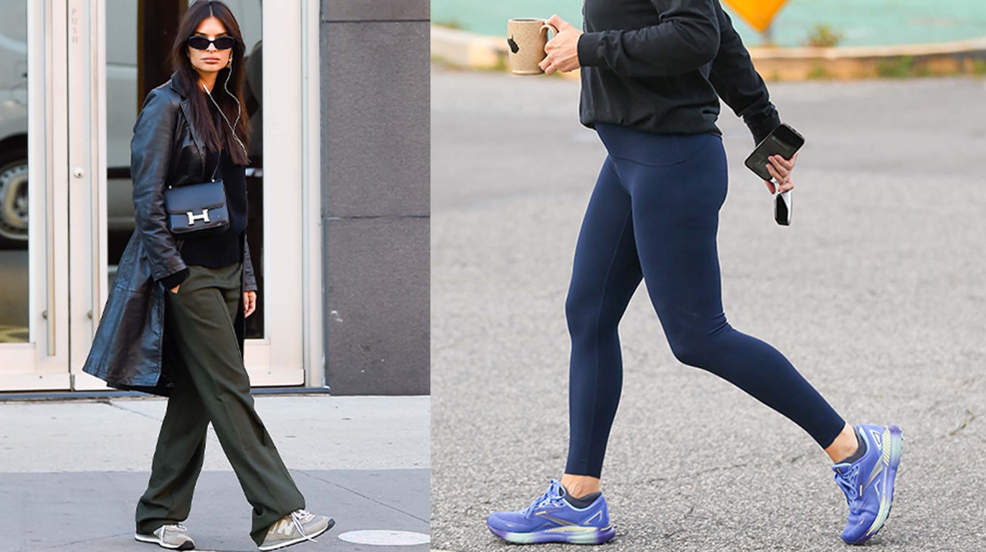 Emily Ratajkowski is seen wearing gray New Balance 547 shoes in Soho, New York City; Jennifer Garner holds a coffee cup and wears blue Brooks sneakers