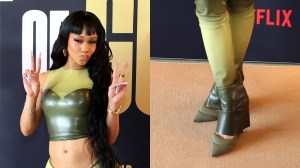 Saweetie, pumps, olive green, faux leather, set, Cou Coo, Netflix, San Francisco