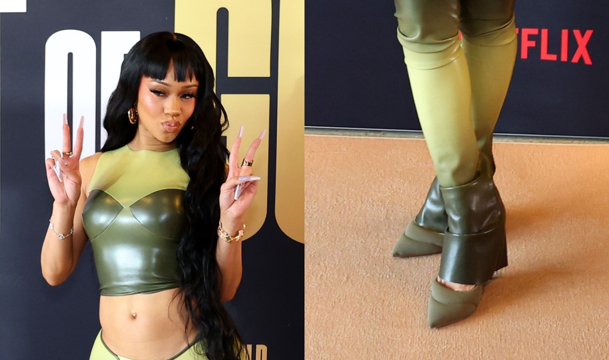 Saweetie, pumps, olive green, faux leather, set, Cou Coo, Netflix, San Francisco