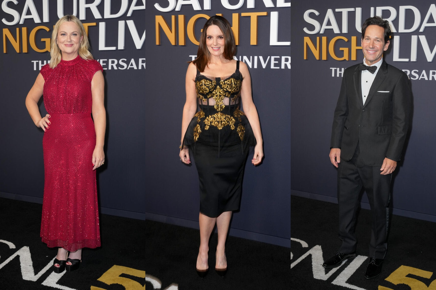 Amy Poehler; Tina Fey; and Paul Rudd at SNL50: The Anniversary Special at 30 Rockefeller Plaza on February 16, 2025 in New York, New York.