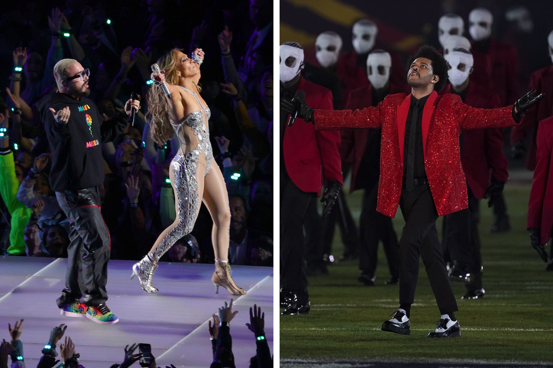 J Balvin, Jennifer Lopez and The Weeknd during their Super Bowl Halftime Shows, super bowl shoes,