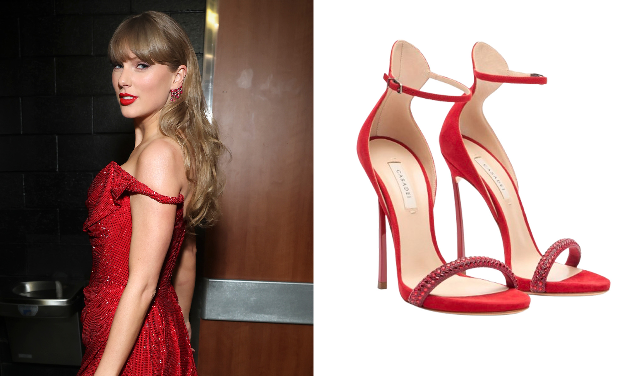 Taylor Swift close up at the 67th Grammy Awards; pair of red heels with crystal embellishments that Swift wore for the occasion