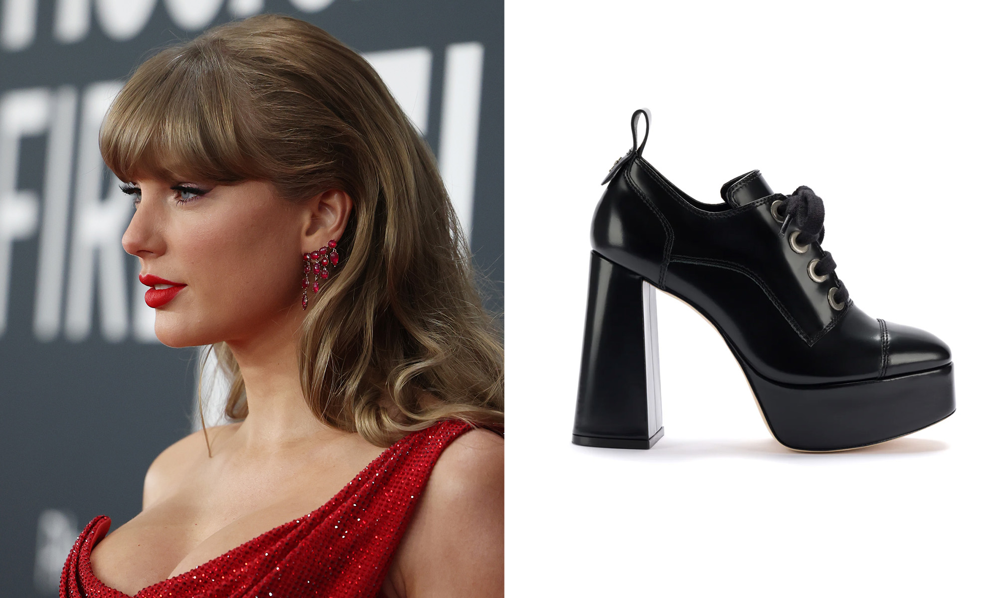 taylor swift looking off to the side while posing for photos; single black boot with a high platform and heel