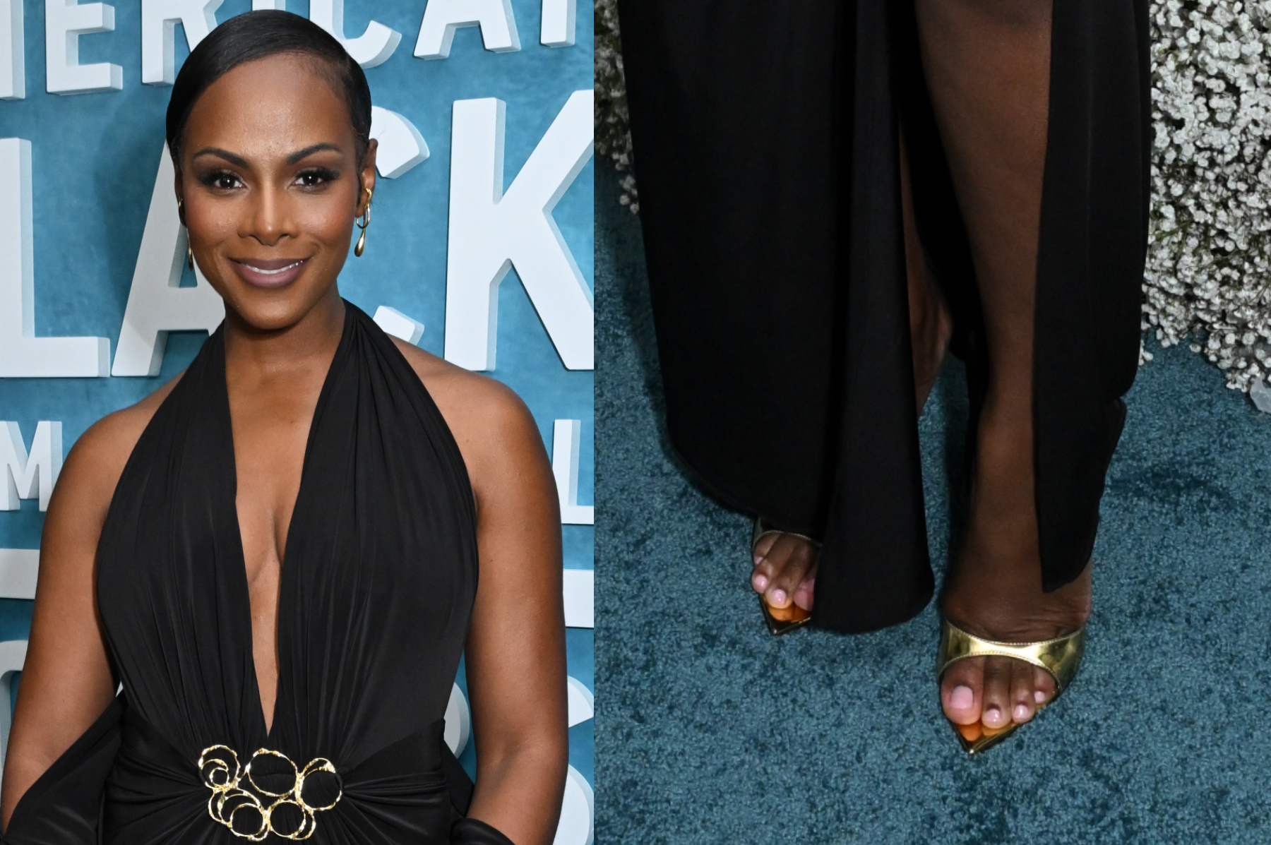 tika sumpter, Giuseppe Zanotti, Mules, metallic shoes, stiletto mules, red carpet, American Black Film Festival Honors,